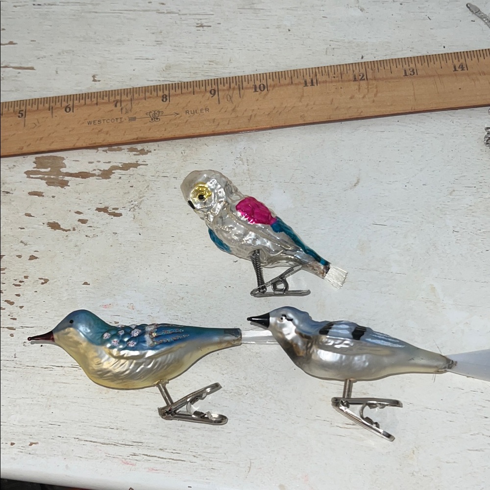 3 Antique Mercury Glass German Christmas clip on Ornaments Bird owl